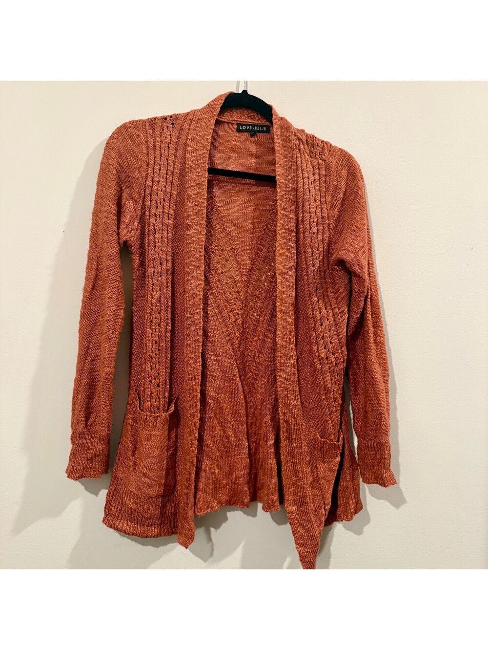 Love Ellie Knit Cardigan Small S Burnt Orange Terracotta Open Front Pointelle